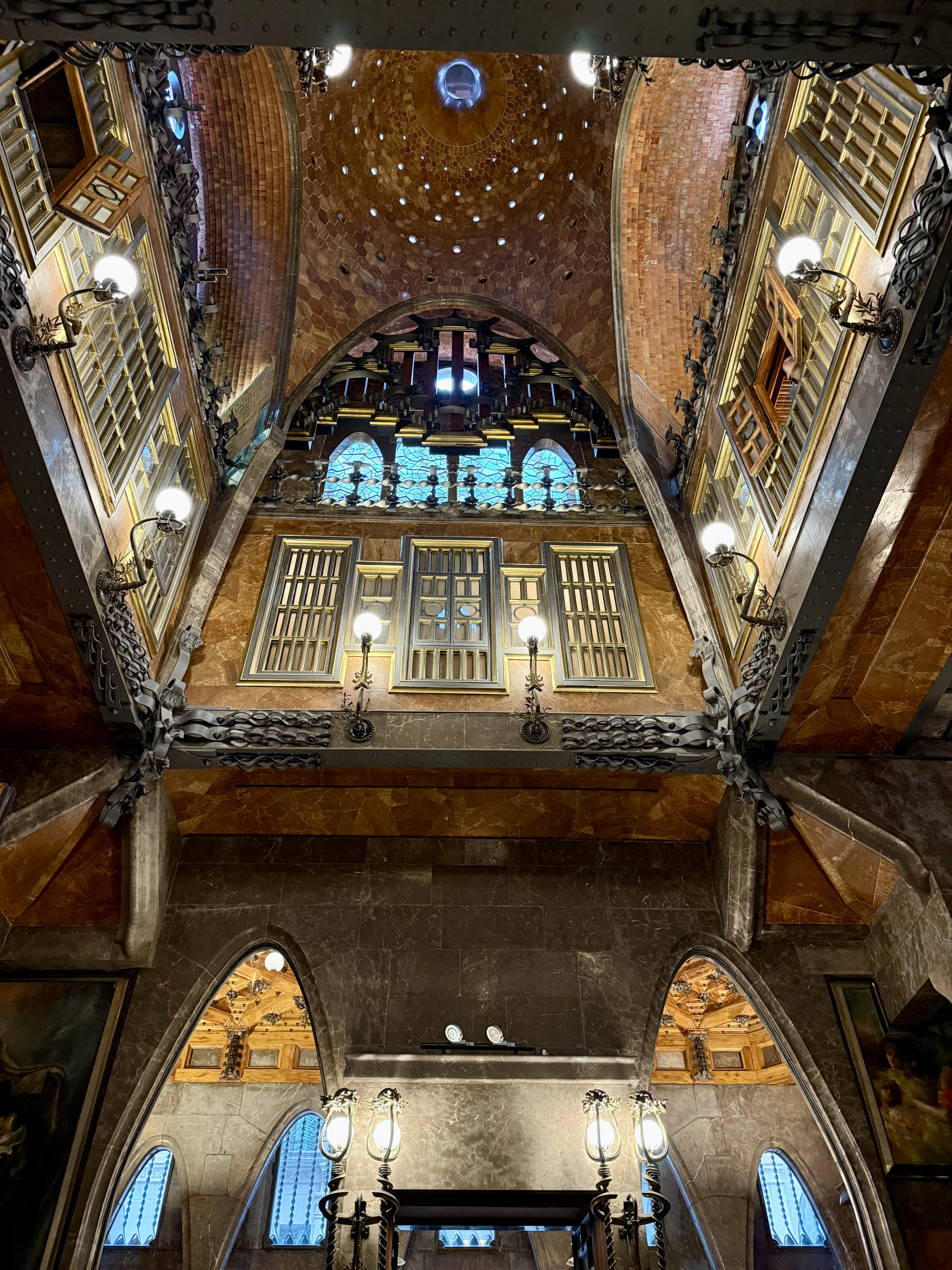 The central hall and parabolic dome inside Palau Güell, Barcelona